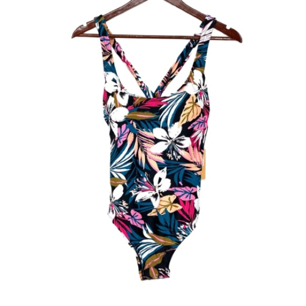 Kona Sol Multicolor Tropical Floral Leaf Print One Piece Swimsuit W/Twist Straps